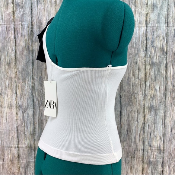 Zara NWT White One Shoulder Ribbed Top with Black Satin Shoulder Bow, Medium - Picture 9 of 16
